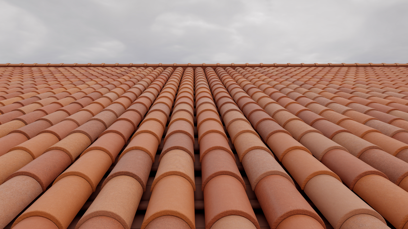 Clay barrel tile roof texture close-up