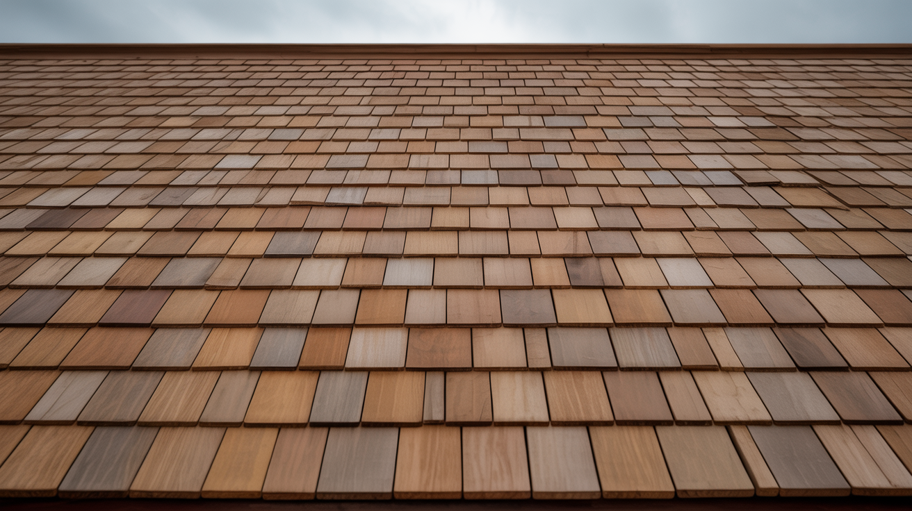 Cedar shake wood shingle roof texture close-up